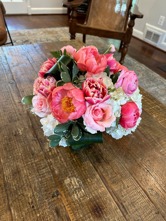 Spring Coral Charm Peony & Double Tulip Centerpiece for Mother's Day
